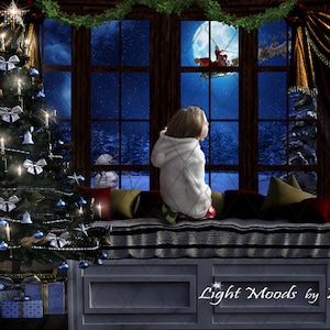 Santa overlay, Window seat overlay, Dreamy backdrop, Fantasy backdrop, Winter backdrop, Snow overlay, Decorated tree, Childhood fantasy