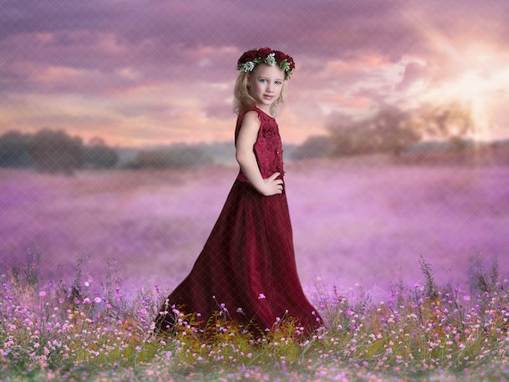 Wildflower field digital background. Dreamy pink skies. Instant download. Two border overlays for no shadowing.