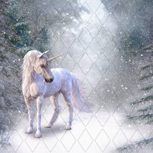 Peaceful, dreamy. Gently falling snow digital background. A unicorn standing quietly in a small snowy forest opening.