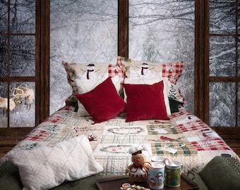 Window digital background, Bed background, Holiday background, Winter background, Snowy window, Reindeer background, Dreamy background