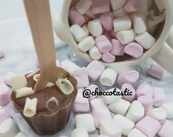 Belgian milk chocolate, white chocolate curls, Hot chocolate spoon