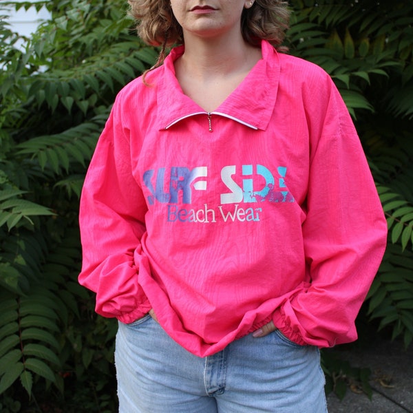 Vintage 1990s Surfside Beachwear Neon Pink Surfer Windbreaker