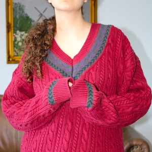 Vintage 1980s Medium to Large Heavy Burgundy Cable Knit V-Neck Sweater with Stripe Detailing