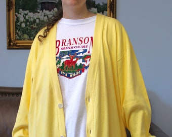 Vintage 1970s Large Bright Yellow Cotton Varsity Cardigan