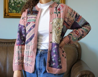 Vintage 1980s 1990s Size M Pink and Purple Bauble Knit Floral Cardigan Sweater