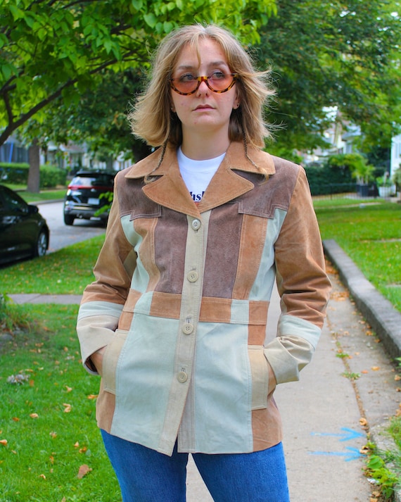 Vintage 1990s-does-1970s Patchwork Brown Leather … - image 1
