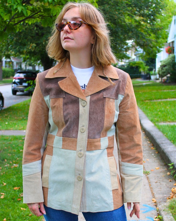 Vintage 1990s-does-1970s Patchwork Brown Leather … - image 2