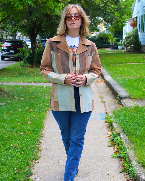 Vintage 1990s-does-1970s Patchwork Brown Leather … - image 3