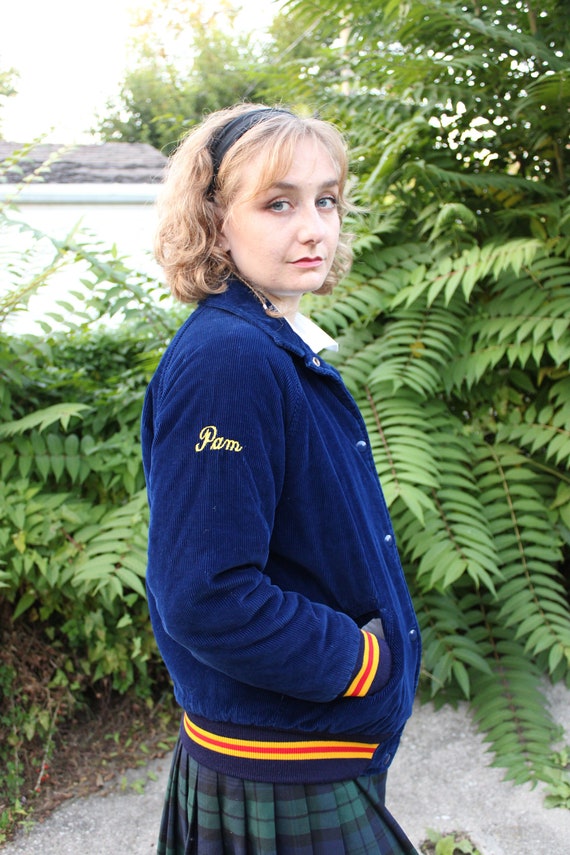 Vintage 1980s Navy Blue Corduroy Varsity Jacket - 