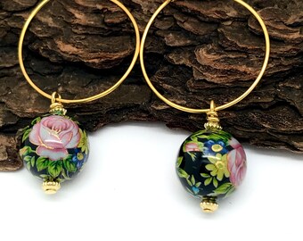 Ceramic Earrings, Gold Hoops Earrings, Flowers Earrings, Nature Inspired Jewelry, Summer Earrings, Gift Idea