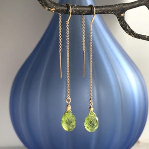 Natural Peridot Threader Earrings, August Birthstone, Libra Gift, Green Natural Gemstone Ear Threaders, Bridal Gold Earrings, Gift For Her