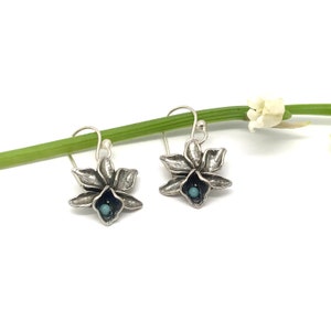 Sterling Silver Orchid Flower Earrings, Turquoise earrings, December birthstone, Nature inspired Jewelry, Blue earrings, Gift for her