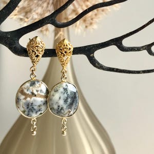 Natural Dendrite Opal Earrings, October Birthstone, Dainty Studs Earrings, Natural Gemstone Jewelry, Large Dendritic Opal, Gift for Her