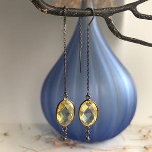 Brincos de Citrino com Rosca de Limão, Brincos Longos Pendentes, Brincos de Citrino com Rosca de Gota, Pedra de Nascimento de Novembro, Brincos de Prata Oxidada