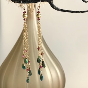 Natural Opal Earrings, Pink Tourmaline Earrings, Long Chandelier Gold Earrings, Statement Earrings, Natural Gemstone Earrings, Gift For Her