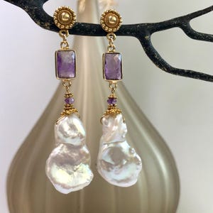 Natural White Keishi Pearl Earrings, Dangle Boho Chic Jewelry, Amethyst Post Earrings, Gold Long Earrings, Bohemian Jewelry, Bridal Jewelry