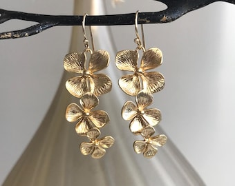 Orchid Flower Earrings, Long Gold Earrings, Dangle Earrings, Wedding Gift Ideas, Nature Inspired Jewelry, Christmas Gift