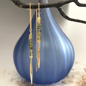 Multicolor Tourmaline Threader Earrings, October Birthstone  Minimalist Jewelry, Ombré Tourmaline Bar Drop Threader Earrings, Gift For Her