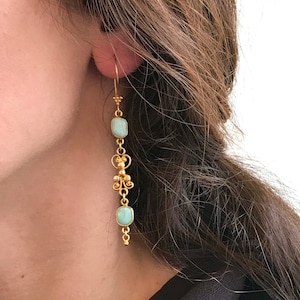 Larimar Long  Drop Earrings, Gold Framed Natural Gemstone Earrings, Blue Earrings,Gift for her, Edgy Statement Earrings, Bridesmaids Jewelry