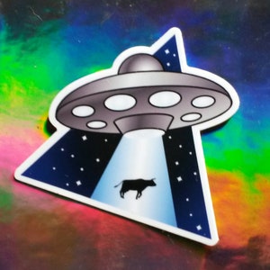 Abduction: UFO abducts cow die cut sticker