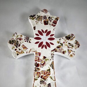Mosaic Cross, Baptism, Baptism Gift, Christening Gift, Godparents, Confirmation Gift, Flower, Rose and White Cross