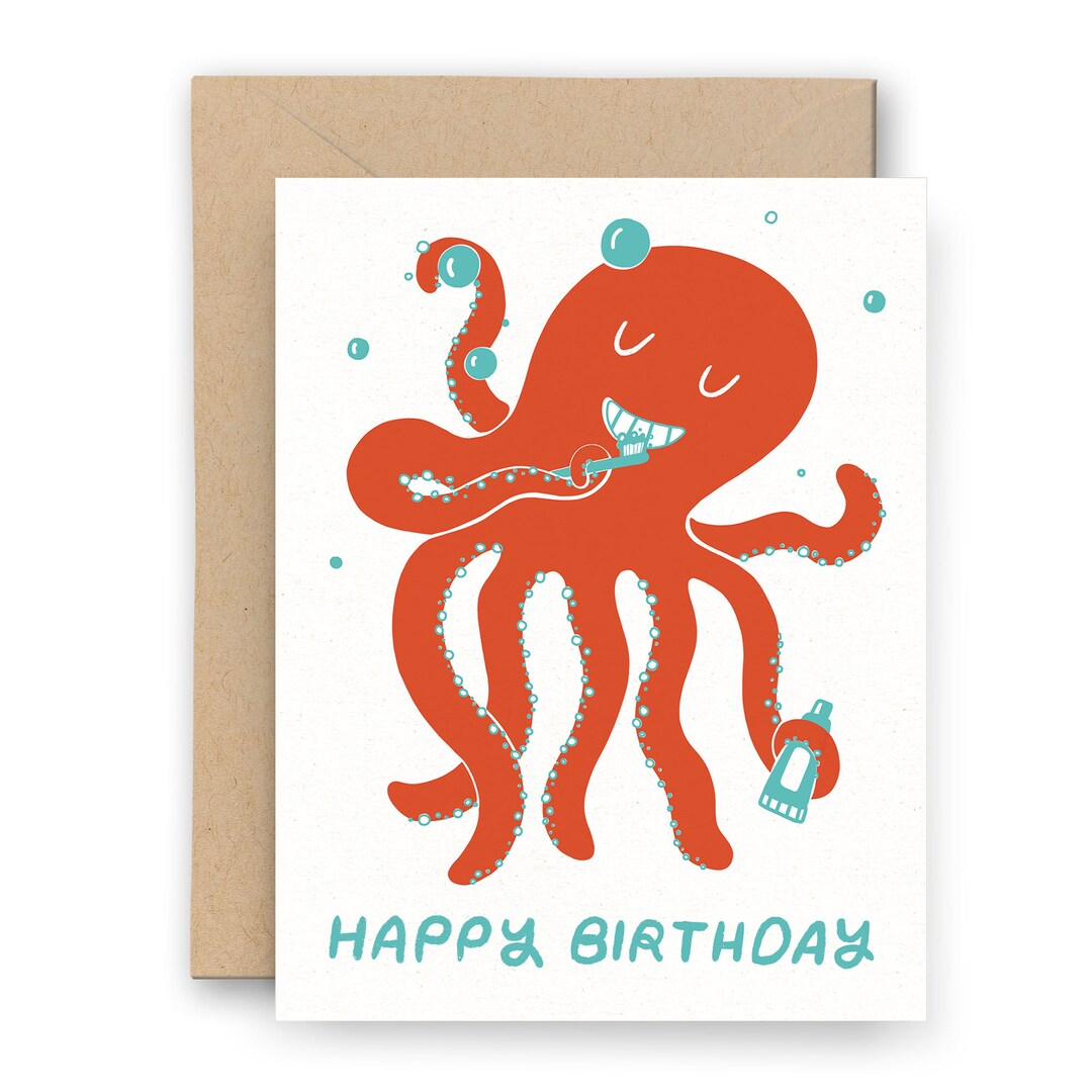 Octopus Birthday Card Octopus Brushing Their Teeth Letterpress Card Etsy