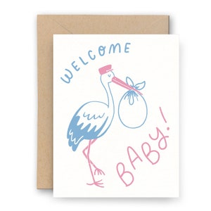 Carte de bienvenue bébé cigogne | Carte typographique