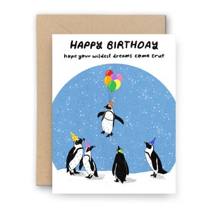 Biglietto di auguri di buon compleanno con i sogni del pinguino