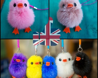 UK Chick Charm 5cm  Mink Fur Keyring Dangle Pendant Mobile Keys Colour Soft Fluffy Cute Queen Decor Kawaii Bird Duckling Bird Sensory ADHD