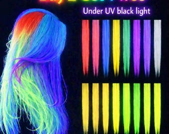 Buy 2 Get 1 FREE! UV Glow Rainbow Hair Extensions - Clip In Party Tresses Festivals Raves - Colourful Glowing Synthetic Hairpiece Extension