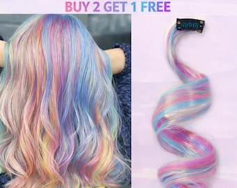 Buy 2 Get 1 FREE! Pre-Curled Bubblegum Rainbow Hair Extensions Clipin Party Tresses Festivals Raves Chromatic Iridescent Synthetic Extension