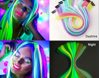 UV Glow In The Dark Rainbow Hair Extensions – 3 for 2 – Clip-In Synthetic Tresses for Festivals Raves Party Festival Wedding Celebration