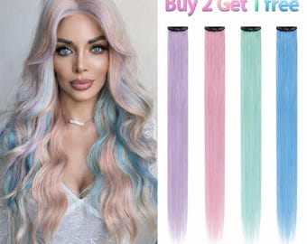 BUY 2 GET 1 FREE! 22" Pastel Easy Clip In Hair Extensions - Salon Quality Heat Resistant Soft Long Synthetic Strands Fun Festival Club Event