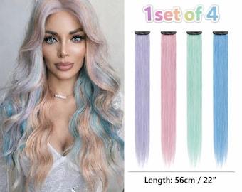 22" Pastel Unicorn Hair Extensions - Clip In 1 Set of 4 - Heat Resistant Double Weft Long Synthetic Streaks for Festival & Cosplay