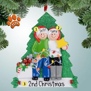 Personalized Family Decorating Christmas Tree - 2 - Preparing for Xmas - Newlyweds - 1st Christmas Together Ornament - Free Personalization