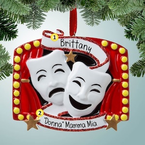Personalized Drama Masks with Banner on Stage Christmas Ornament - Part in the School Play - Actor - Actress - Lead Role