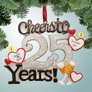 Personalized Cheers to 25 Years Anniversary Christmas Ornament - Silver - Married Couple - Celebration - Party - Free Personalization