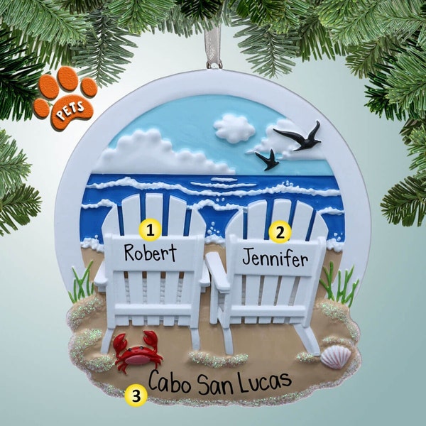 Personalized Beach Chairs with Crab Christmas Ornament - Honeymoon - Just Married - Hawaiian Vacation - Mexico - Caribbean - Ocean - Sea