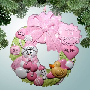 Baby Girl Wreath with Duck - Personalized Christmas Ornaments - 1st Christmas - Free Personalization