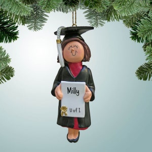 Cinta de niña graduada en el diploma - Cabello castaño - Adornos navideños - Graduación de posgrado