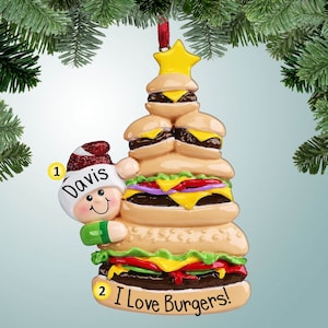 Stack of Hamburgers - Personalized Christmas Ornaments - Fast Food - Loves to BBQ - Cheeseburger - Perfect Handwriting
