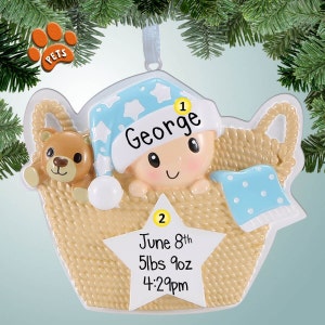 Personalized Baby Boy in Basket with Star Christmas Ornament - New Arrival - Baby Brother - 1st Christmas - Optional Pets - Dogs - Cats