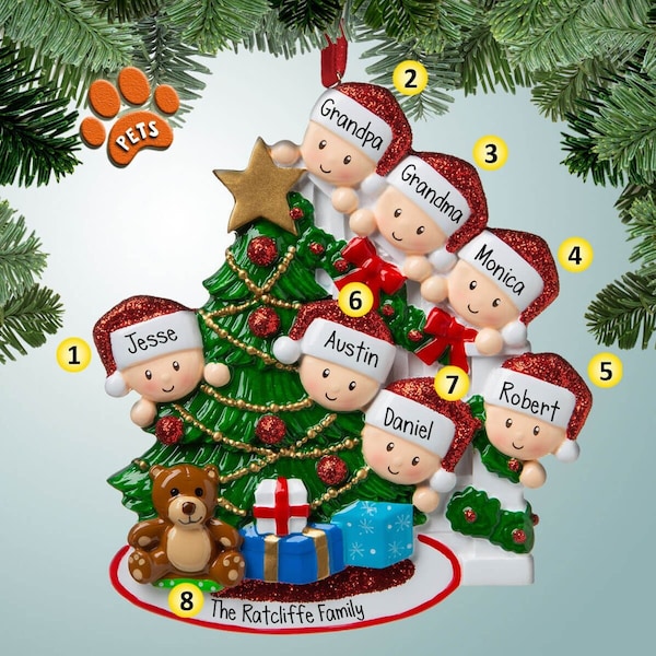 Peeking Around Tree Family - 7 - Personalized Ornaments - Family Ornaments - Family of 7  - Optional Pets - Christmas morning