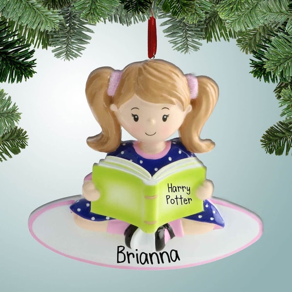 Reading Girl with Green Book - Personalized Ornaments - Learning to Read - 1st Book - Free Shipping - Library - Book Lover - Favorite Book