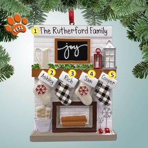 Personalized Fireplace Ornament - 4 - Christmas Joy Family - Country Home - Optional Pets - Stockings by the Fire - Free Personalization
