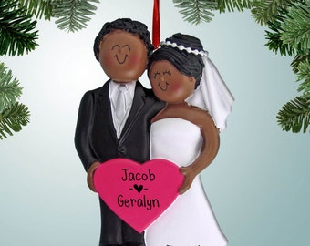 Wedding Couple Pink Heart - African American - Personalized Christmas Ornament - 1st Christmas newlyweds