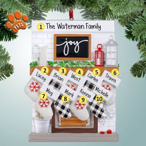 Personalized Fireplace Ornament - 9 - Christmas Joy Family - Country Home - Optional Pets - Stockings by the Fire - Free Personalization