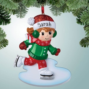 Ice Skating Girl with Green Coat - Personalized Christmas Ornaments - Skater - Frozen Pond - Rink - Free Personalization