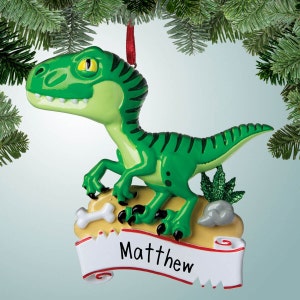 Green Dinosaur with Bone - Personalized Christmas Ornament - Jurassic - Tyrannosaurus Rex - Paleontologist - Museum - Fossils