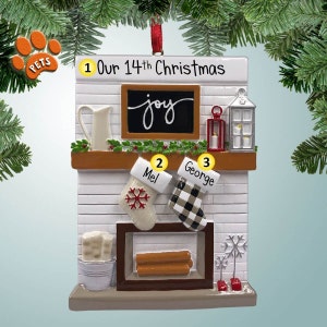 Personalized Fireplace Ornament - 2 - Christmas Joy Family - Country Home - Optional Pets - Stockings by the Fire - Free Personalization